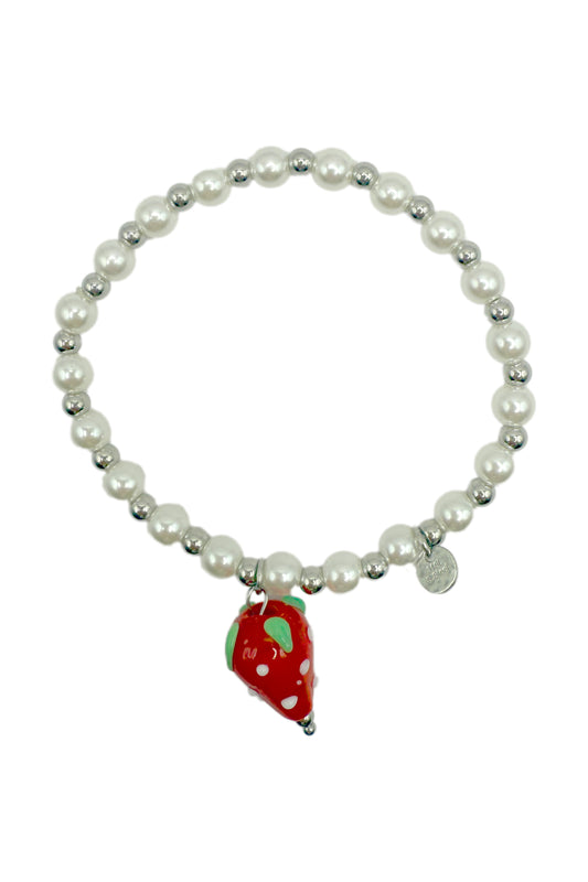 Kugelarmband. mit weißen und silbernen Perlen mit Erdbeeranhänger.