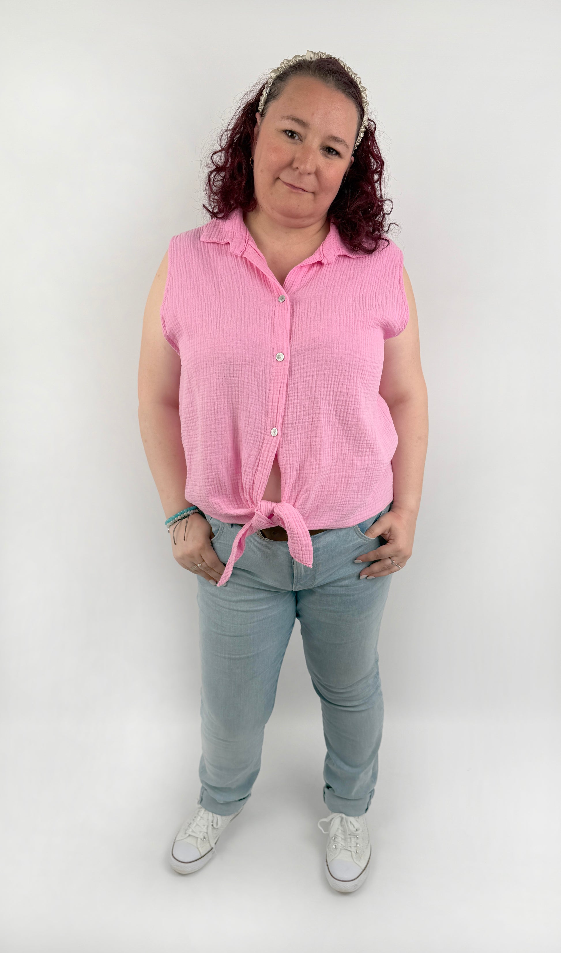 Musselin Weste zum Binden in Rosa.