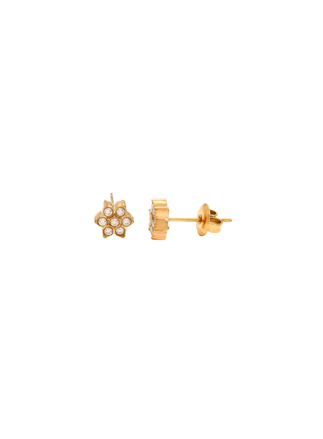 Goldener Ohrstecker in Blütenform, gefüllt mit kleinen Zirkonia Steinen.
