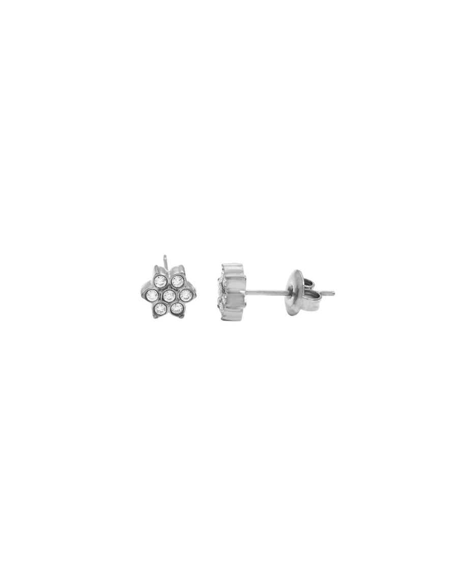 Silberner Ohrstecker in Blütenform, gefüllt mit kleinen Zirkonia Steinen.