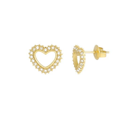 Gold farbener Ohrstecker in Form eines hohlen Herzes, wessen Rand mit zarten Zirkonia Steinen besetzt ist.