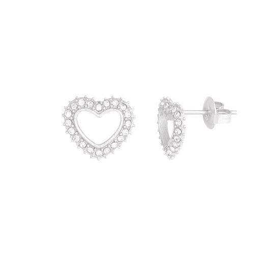 Silber farbener Ohrstecker in Form eines hohlen Herzes, wessen Rand mit zarten Zirkonia Steinen besetzt ist.