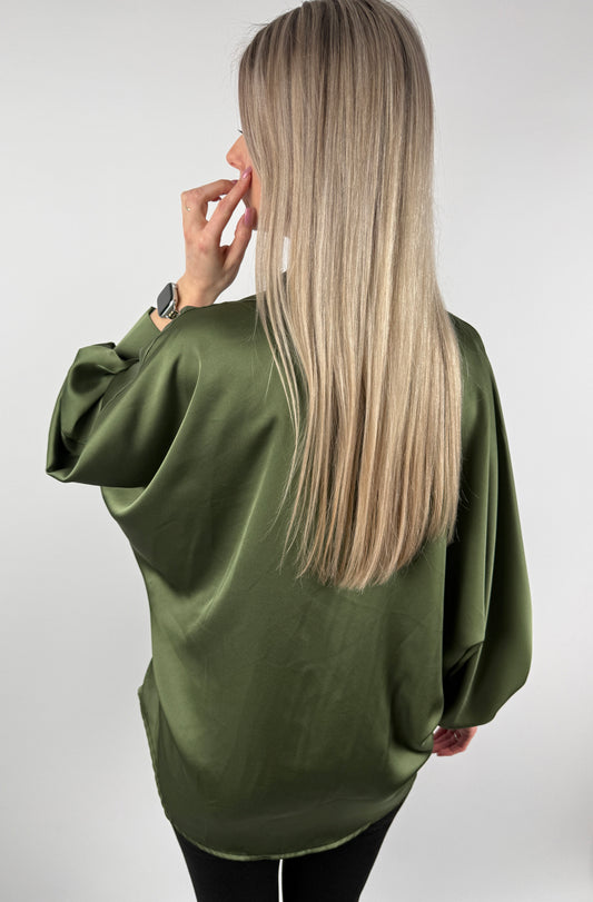 Satinbluse Olive Fledermausärmel