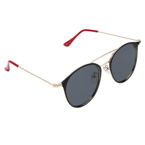 Schwarz goldene Sonnenbrille mit schwarzen Brillengläsern und roten Enden.