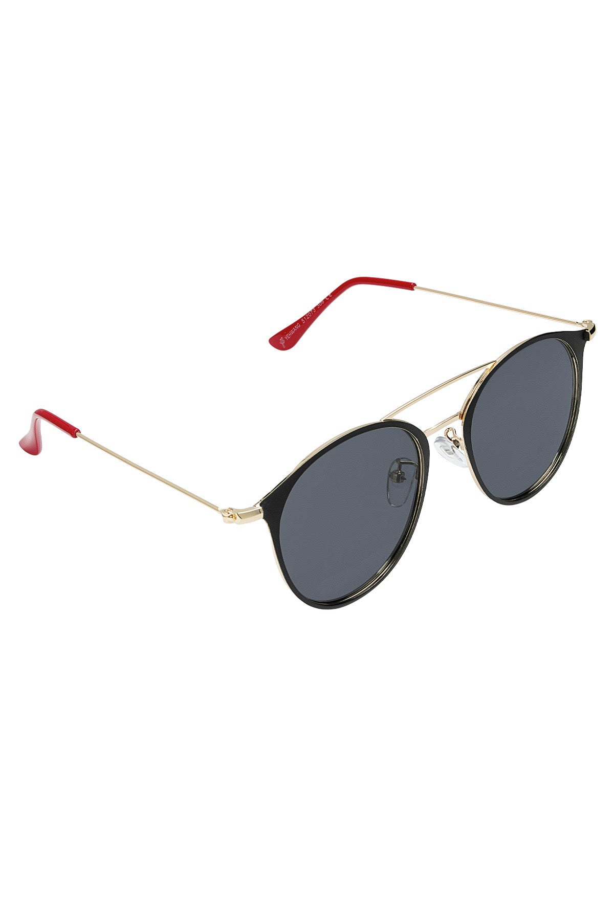 Schwarz goldene Sonnenbrille mit schwarzen Brillengläsern und roten Enden.
