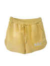 Kurze gelbe Baumwollshorts mit flauschiger N.Y.C Aufschrift, seitlichen Taschen und Kordel im Gummibund.
