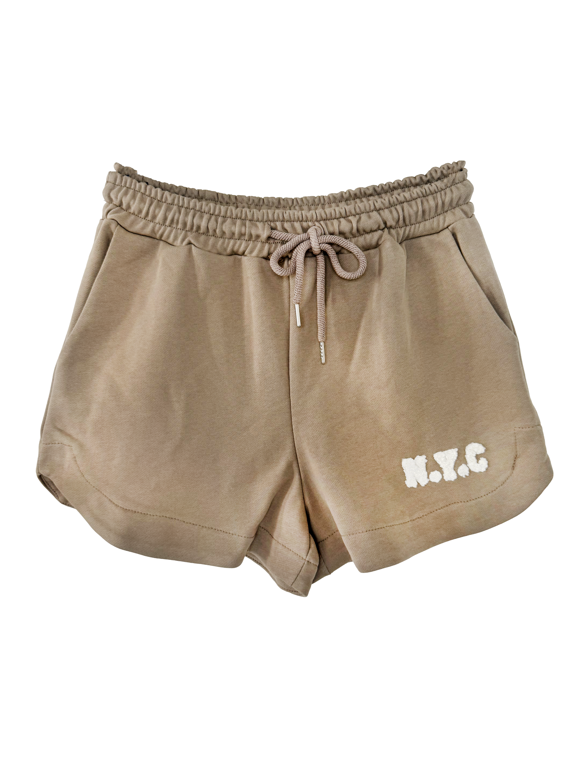Kurze Taube Farbene Baumwollshorts mit flauschiger N.Y.C Aufschrift, seitlichen Taschen und Kordel im Gummibund.