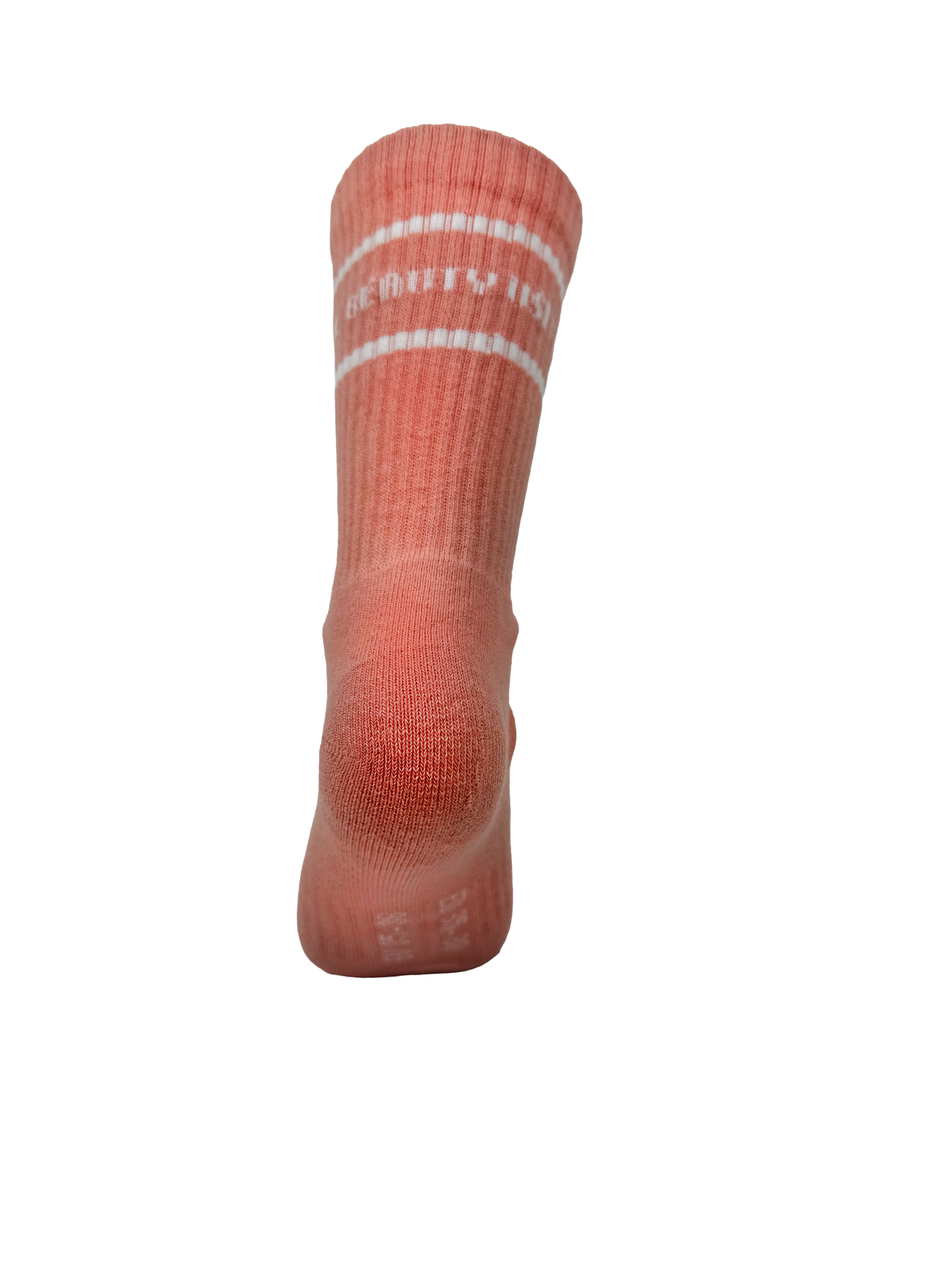 Halbhohe Sportsocke Corallfarben mit weißen Streifen und eingestickter Schrift useful Beauty.