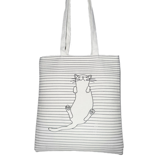 Weißer Stoffbeutel mit schwarzer Katze und dünnen schwarzen Streifen auf der Vorderseite.