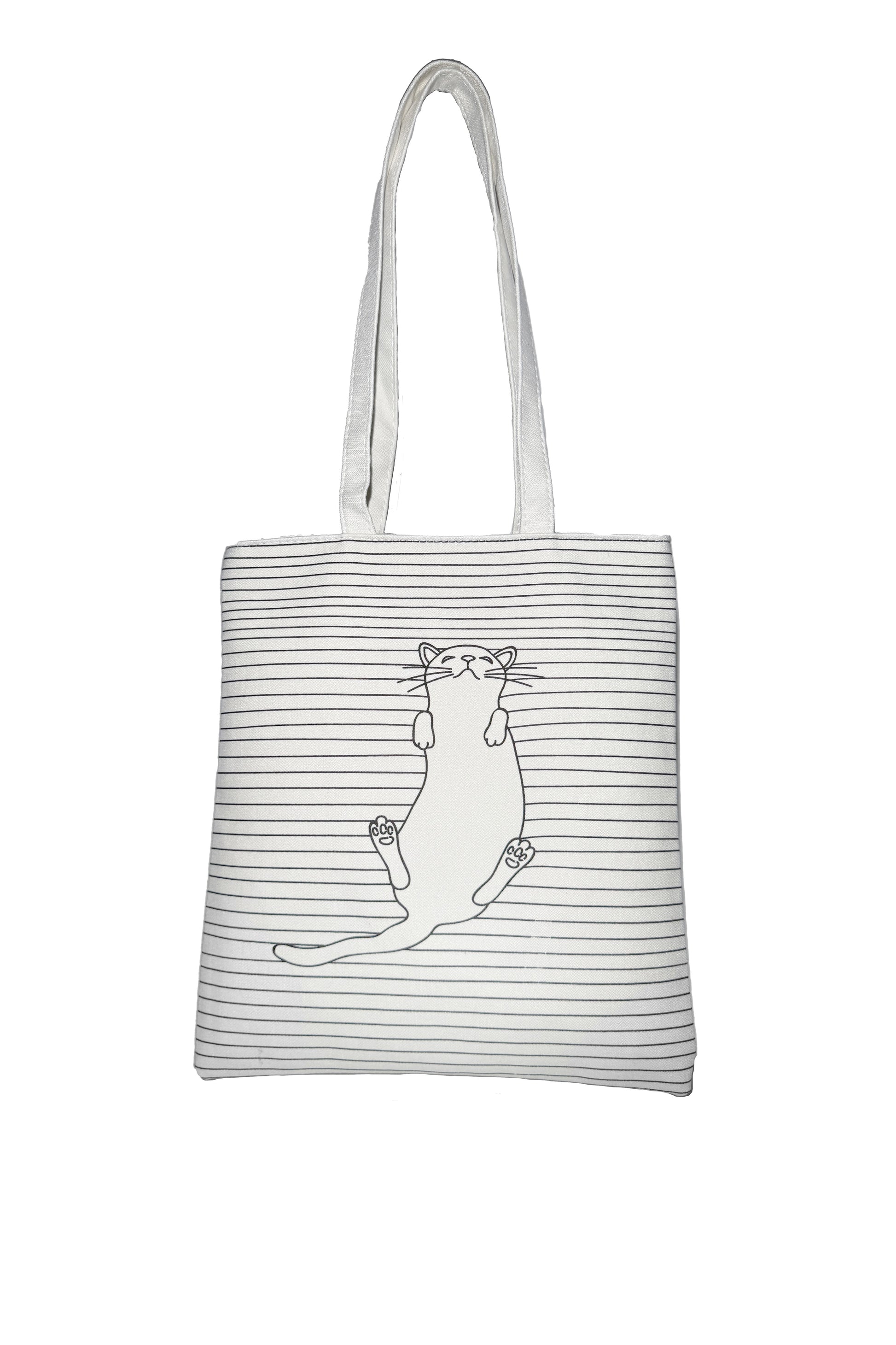 Weißer Stoffbeutel mit schwarzer Katze und dünnen schwarzen Streifen auf der Vorderseite.