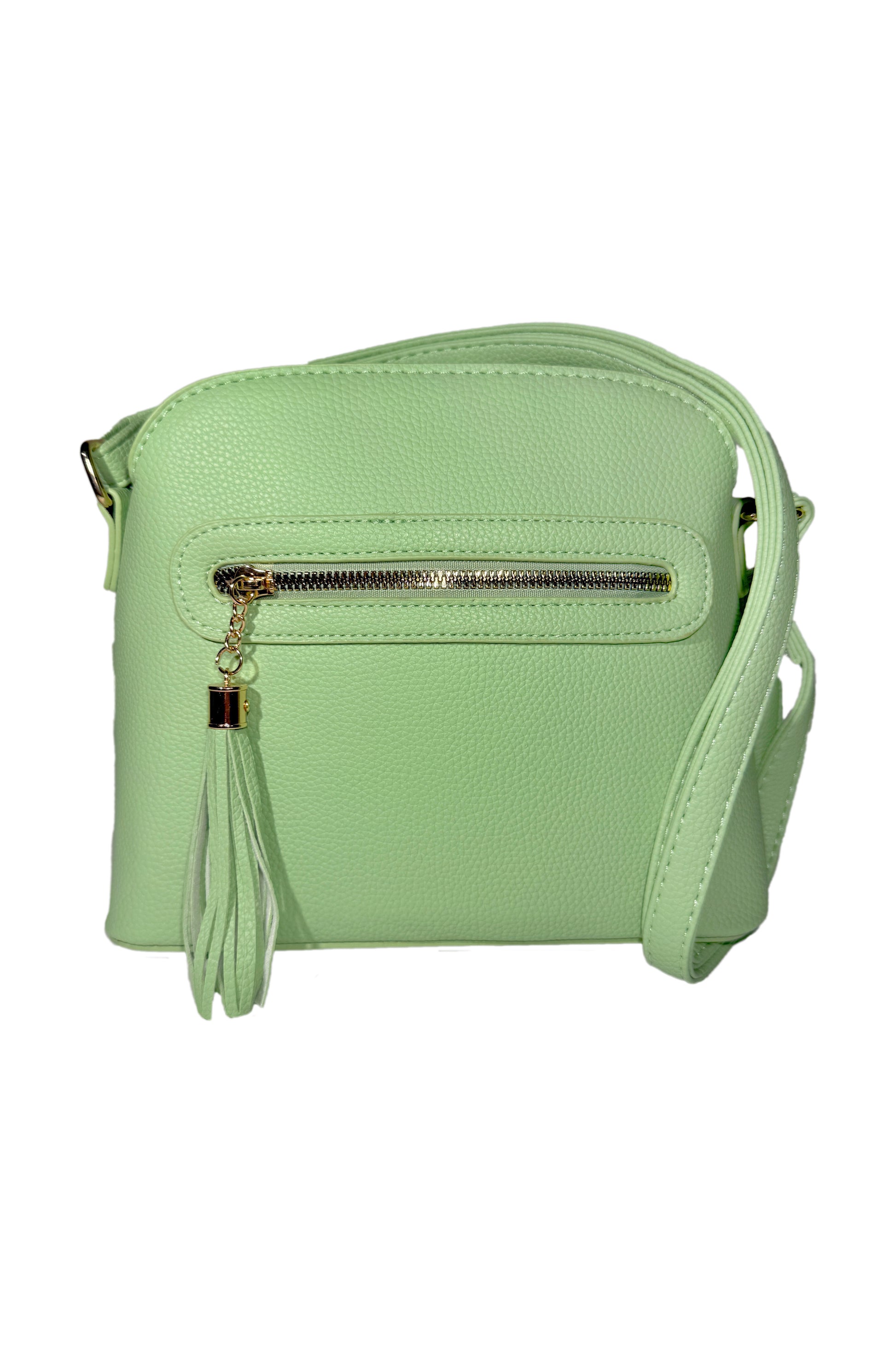 Kompakte Umhängetasche mit Wimpel an dem vorderen reißverschlussfach in hellgrün.
