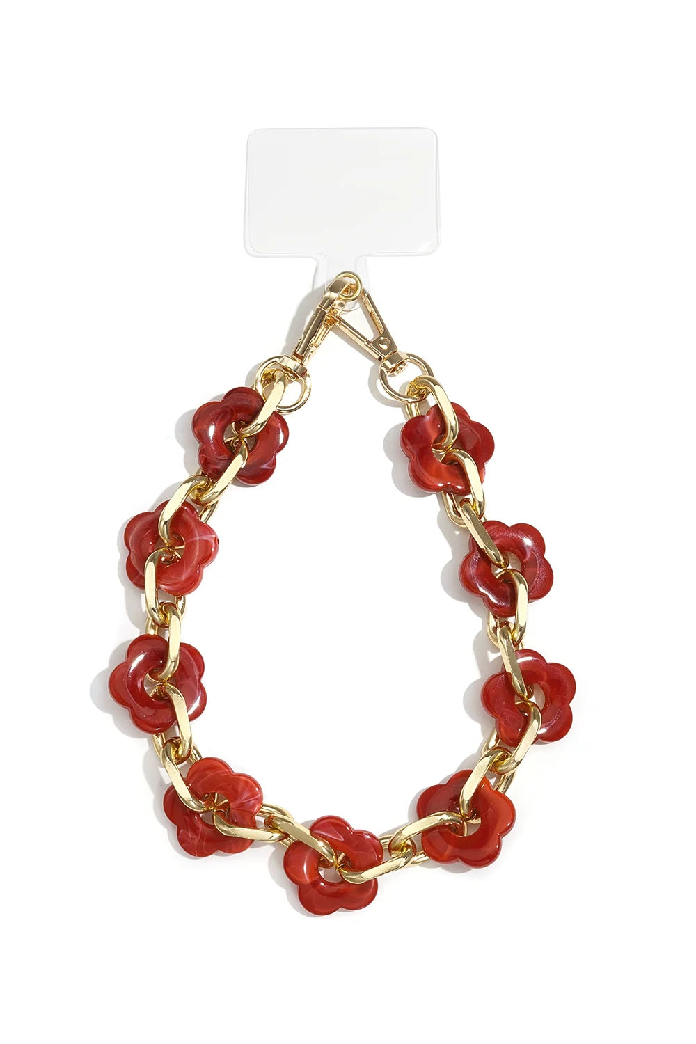Handykette mit goldener Gliederkette und roten Acryl-Blumen auf weißem Hintergrund