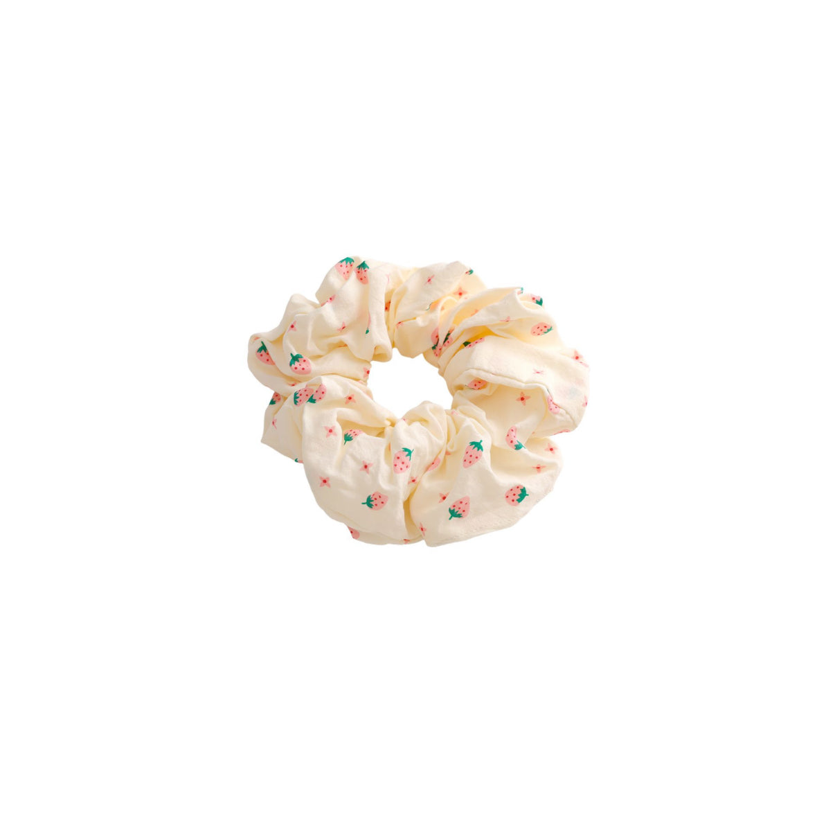 Creme Farbener Scrunchie mit rosa grünen Erdbeeren.