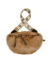 Kuschlige braune Bauchtasche aus Kunstfell mit braun beige gemustertem breiten Schultergurt.
